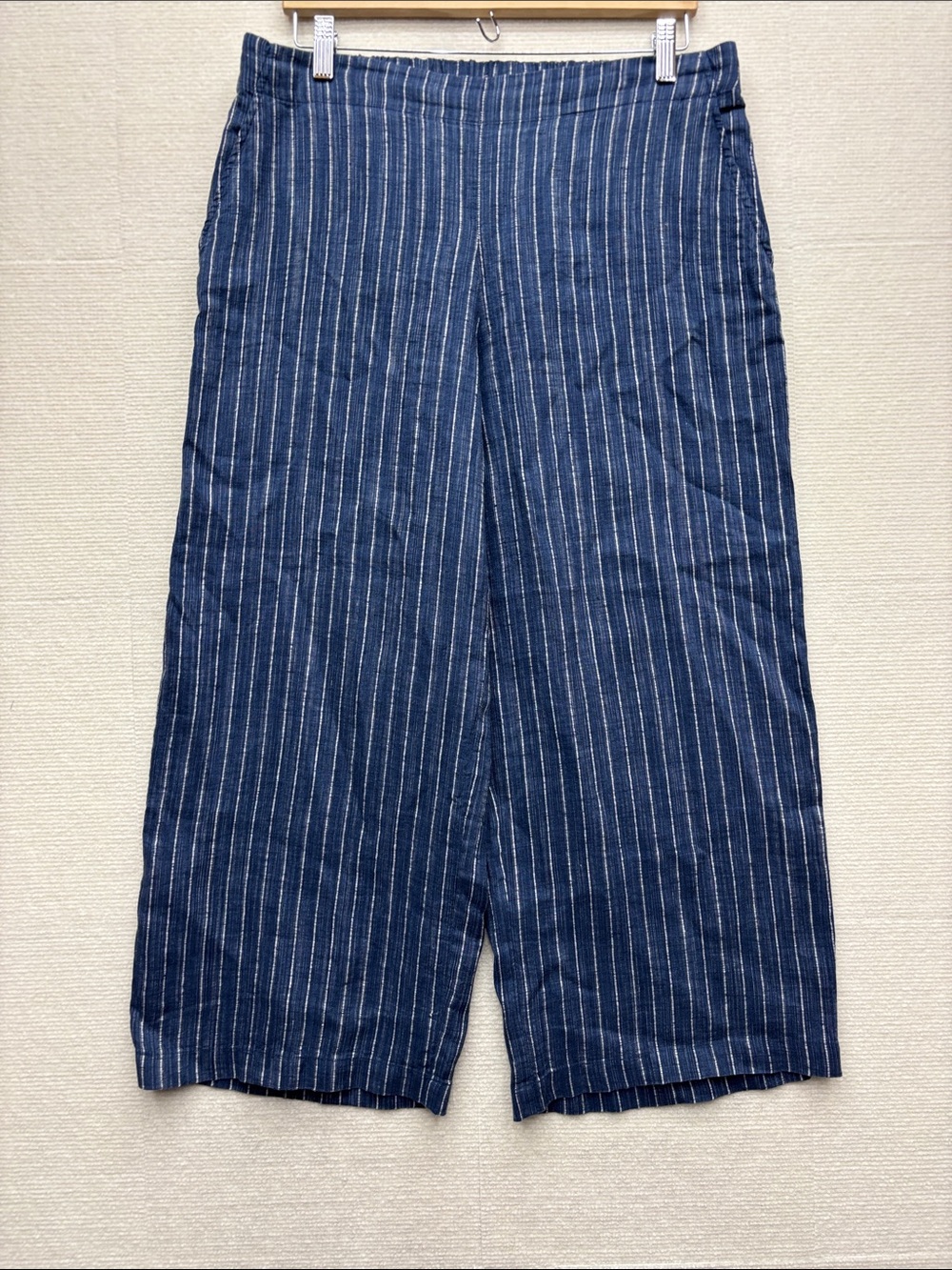 Eileen Fisher | Navy Blue Pinstripe Wide-Leg Pants linen blend